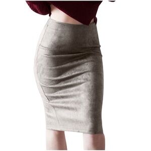 Elegant Gray Faux Suede Pencil Skirt